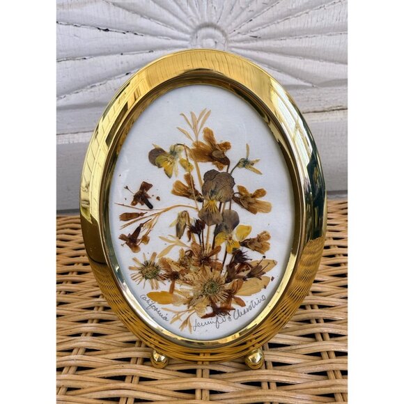 Vintage 70s Dried Real Flowers California Easel Gold Frame Tabletop - Picture 7 of 15